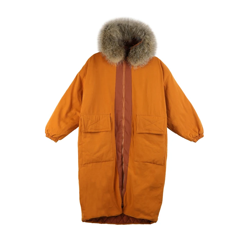 Orange Женское пальто с капюшоном и большим меховым воротником, свободная контрастная верхняя одежда Parker, Утепленная зимняя куртка - Цвет: Orange