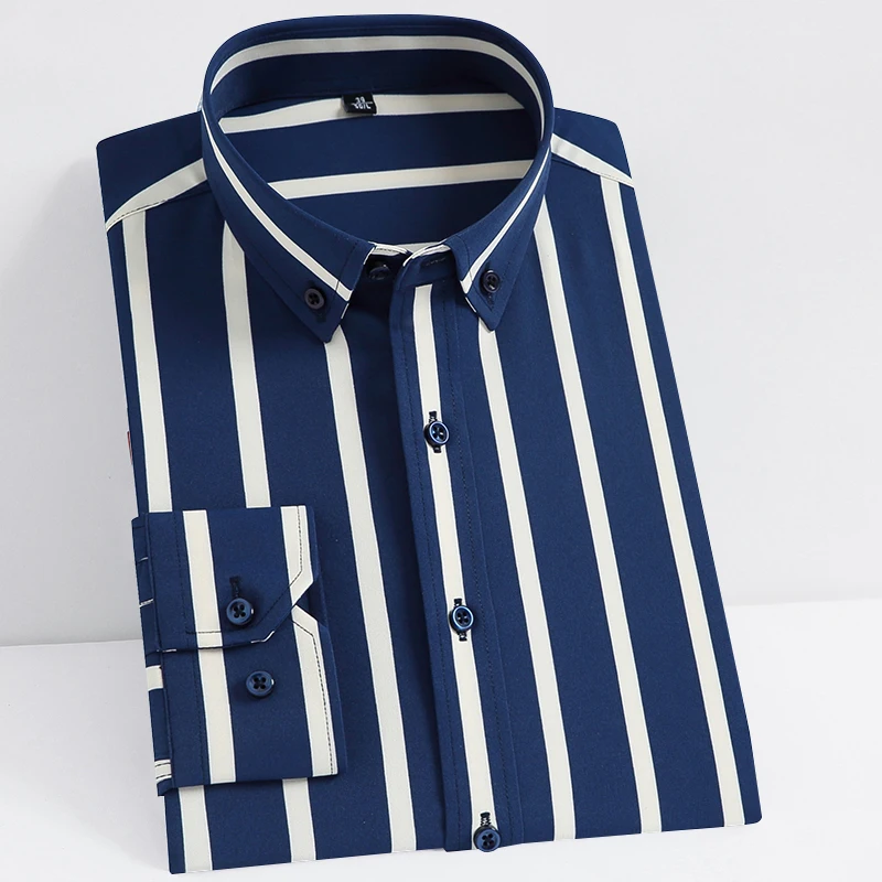 Shirts Dress Stretch Long-Sleeve Button-Down Striped Mens Smart Casual Non-Iron Smooth-Material