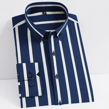 Men's Non-iron Stretch Long Sleeve Striped Dress Shirts Smart Casual Smooth Material Standard-fit Youthful Button-down Shirt