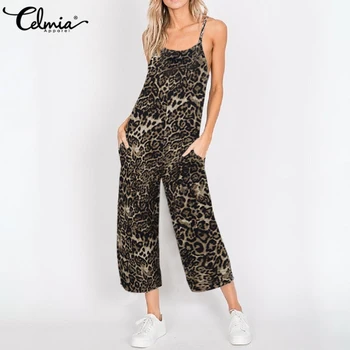 

S-5XL Celmia Summer Sleeveless Jumpsuits Leopard Printed Women Straps Rompers Sexy V Neck Sexy Pockets Casual Long Playsuits