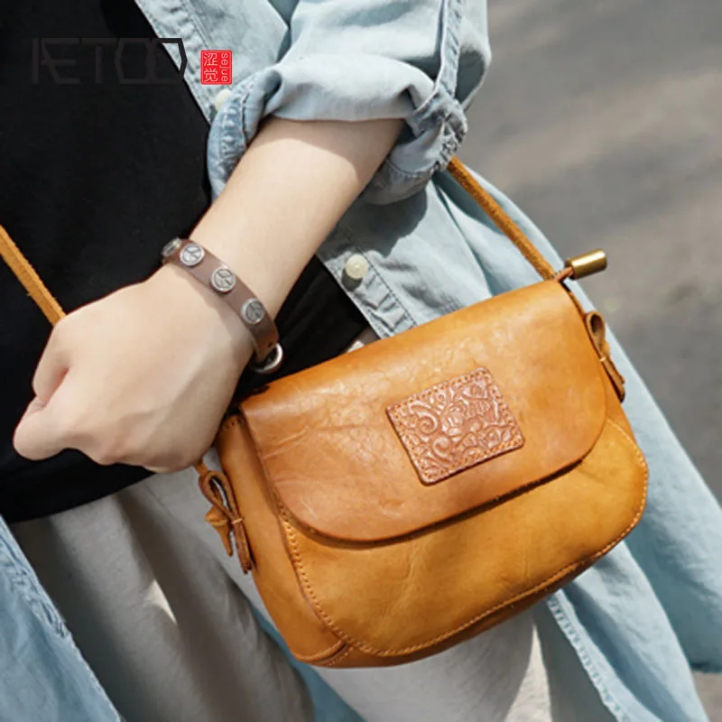 

BJYL Mini retro handmade cowhide leather one shoulder oblique back diagonal bag casual small Sen saddle bag ladies and women