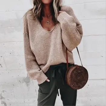 

Women winter sweater Female sexy V neck Loose Knitted Sweater Elegant Autumn casual long sleeve pullovers Elegant Jumper Mujer
