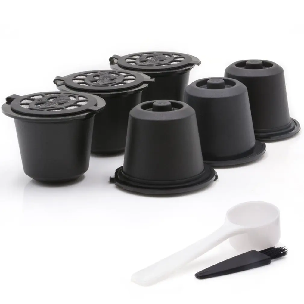 

6 pcs Reusable Coffee Capsule Filter Cup Refillable Caps Spoon Brush Filter Baskets Pod Soft