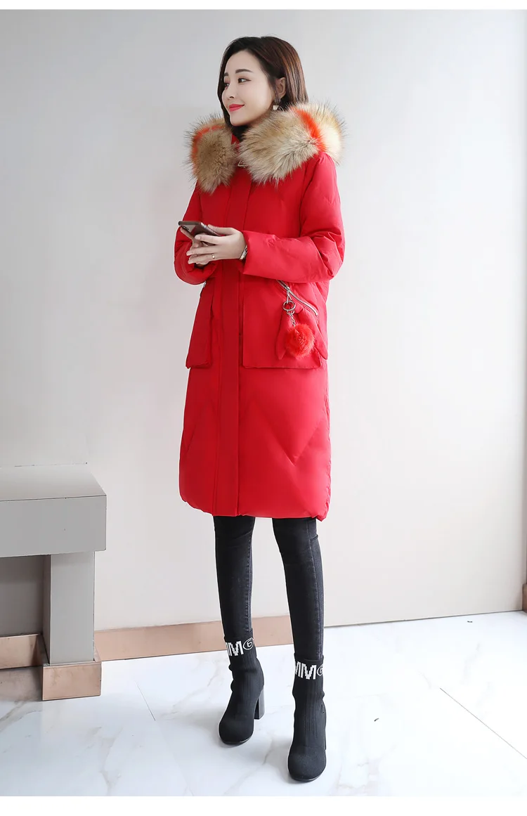 Large Fur Collar Cotton-padded Clothes Women's Winter New Style Korean-style Large Size Thick Warm Waist Hugging Mid-length