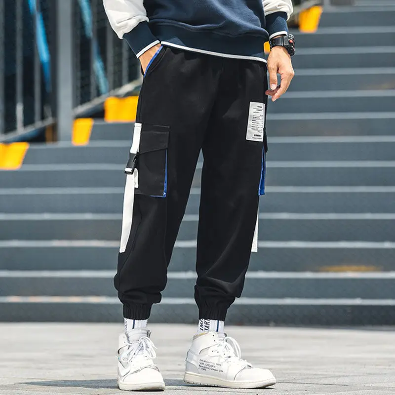 Ins, корейские весенние хип-хоп джоггеры, мужские черные шаровары, много карманов, с лентами, мужские спортивные штаны, уличная одежда, повседневные мужские штаны s, 3-XL