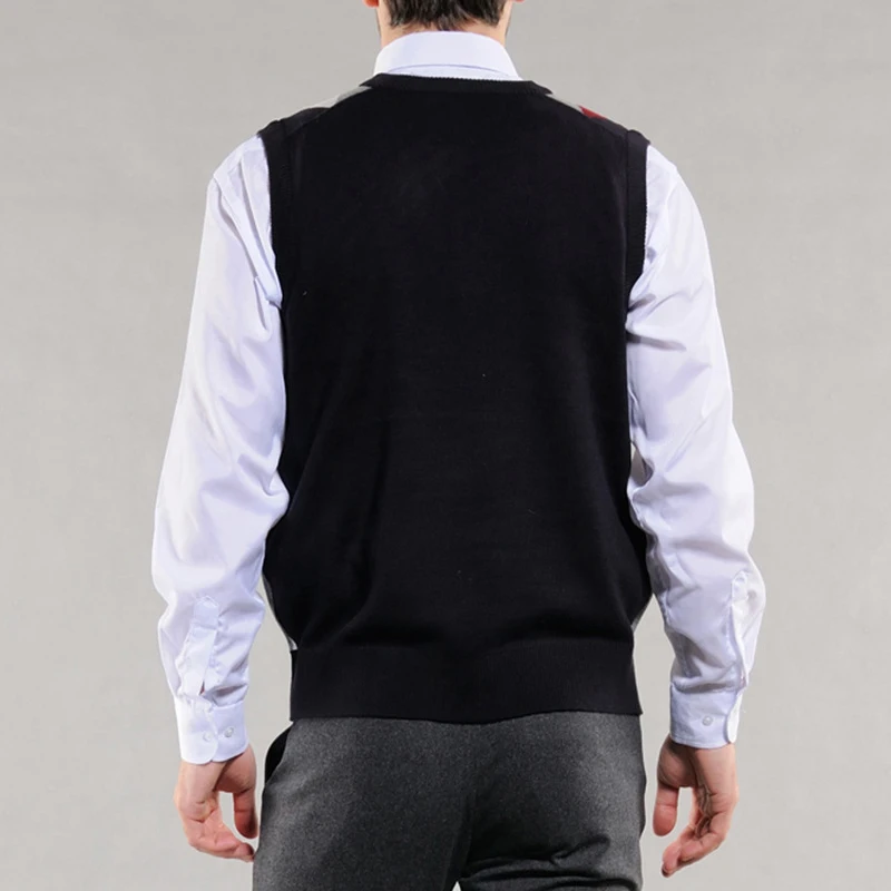 Men Brand Knit Tank Jumpers Basic Sweater Pullover Sleeveless 29.5% Wool Casual Autumn Winter V Neck Argyle 00001