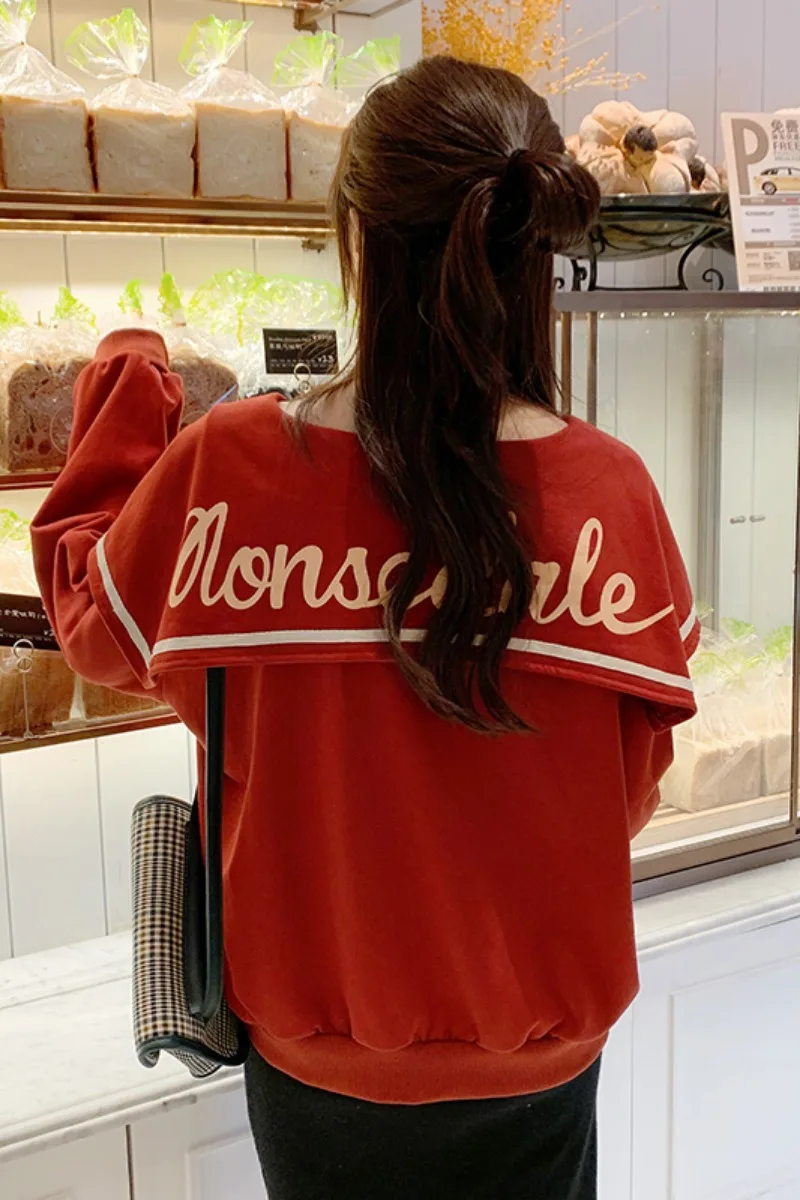Autumn Women's Hoodie Navy collar Cartoon Letter Print Casual Harajuku Kawaii Pullover Plus velvet Long Sleeve Sweatshirt Tops