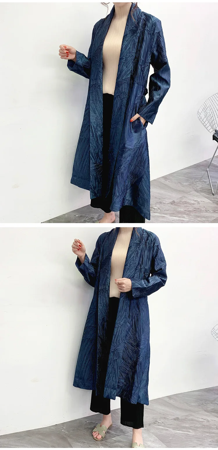 Miyake плиссированные двухсторонние тренчи женские модные повседневные свободные с отложным воротником с поясом сплошное длинное пальто зимний плащ большого размера