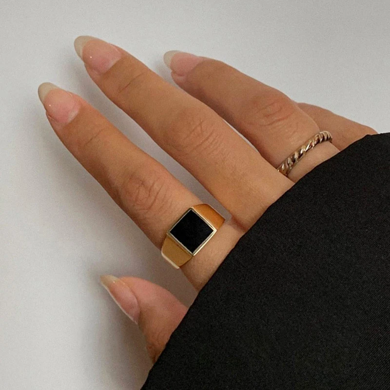 Peri'sBox Textured Circle Square Black Enamel Rings Yin and Yang Geometric Rings for Women Vintage Stainless Steel Jewelry 2020