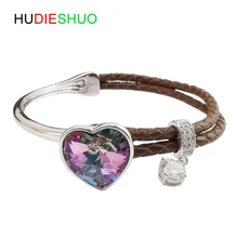 HUDIESHUO хрустальные браслеты для женщин и девочек из натуральной кожи Сердце Открытые Браслеты на запястье и модная Бижутерия Браслеты
