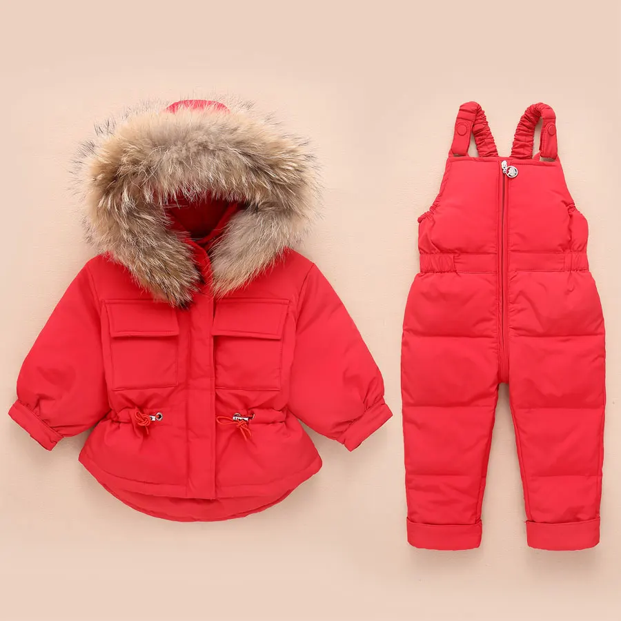 

Girls Clothing Set Filling with White Duck Down Coat +Overalls Suits Warm Windproof Snowsuit Butterfly Toddler Children Ski Suit
