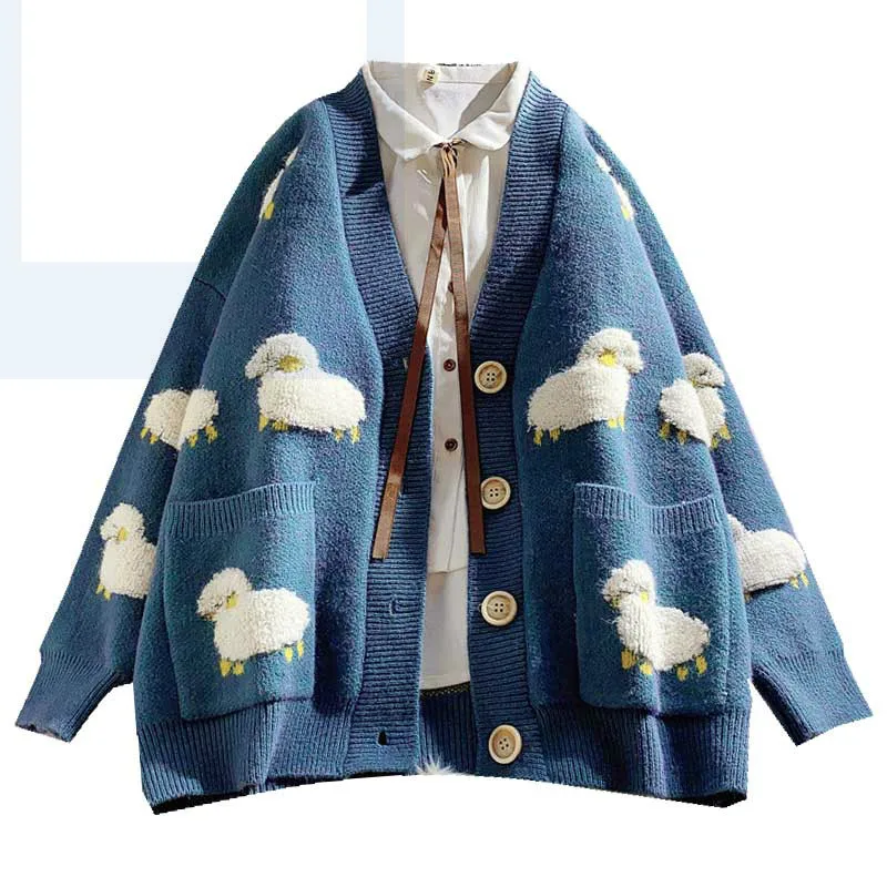

2020 Autumn New Knit Female Cardigan Loose Streetwear Knit Sweater Coat Cute Cartoon Print V Neck knitted cardigan Women Jacket
