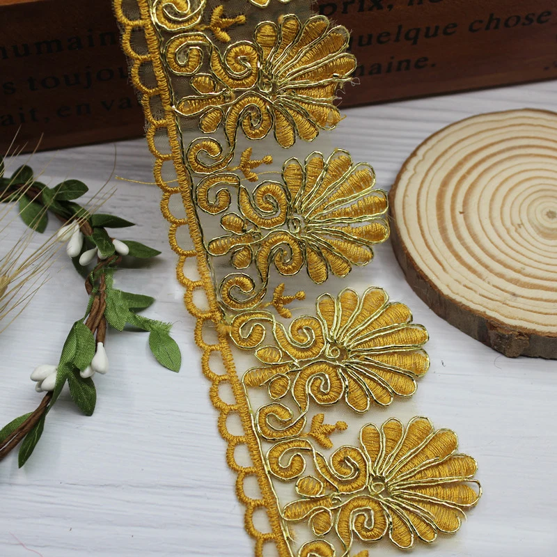 2 yards Gold Line Embroidery Flower Lace Hollow Organza Ribbon Trim DIY Craft Dress Stage Clothing Accessories Decor Fabric | Дом и сад