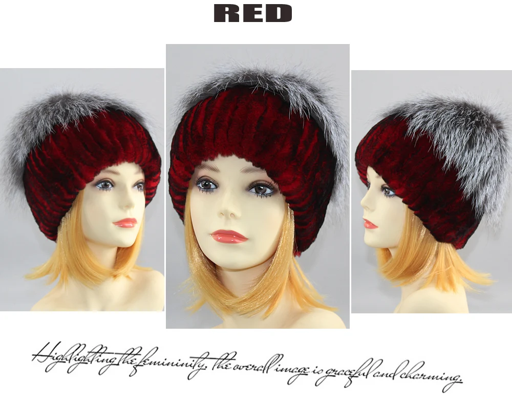 Hot Sell Winter Lady Beanie Hat Women Real Rex Rabbit Fur Hats Knitting Thicken Fur Hat Female Luxury Fox Fur Cap Beanies