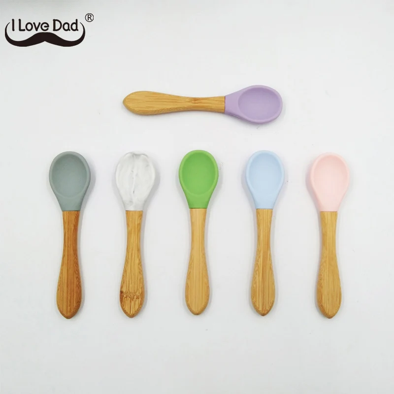 Manija de madera silicona cuchara para bebé libre de Bpa cuchara de autoalimentación para accesorios de bebé vajilla para niños pequeños