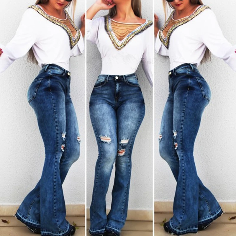 DIHOPE, женские джинсы, повседневные, тонкие, тянущиеся, джинсы с талией, негабаритные, длинные, расклешенные брюки, светильник, синие брюки для женщин