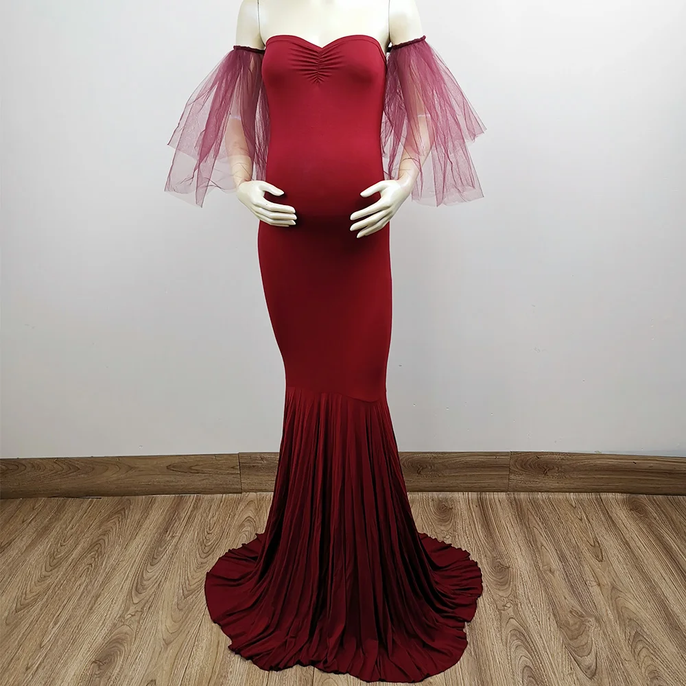 Don&Judy Maternity Tulle Dress Photography Props Elegant Ruffles Off Shoulder Maternity Dresses for Photo Shoot Evening Gown