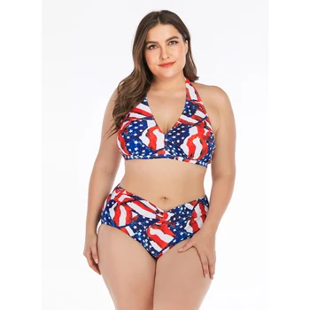 

2020 New Sexy Stripped Patchwork Swimsuit Women Plus Size Swimwear V Neck Bathing Suit L-4XL Girl Backless Halter Bikini Set