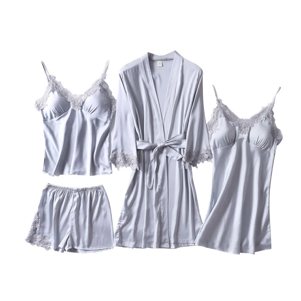 4 Pieces Women Pajamas Sets Satin Sleepwear Silk Nightwear Pyjama Spaghetti Strap Sleep Lounge Pijama with Chest Pads |