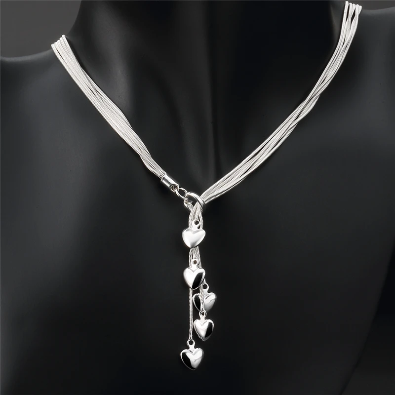 Charmhouse 925 Sterling Silver Necklaces For Women 5 Lines Snake Chain Heart Pendant Necklace Collier Fashion Jewelry Bijoux