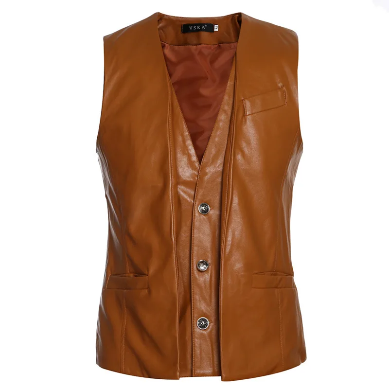 Men's Vest Retro Two-piece Design Male Casual Slim Leather Vest Fashion Sleeveless Jacket Coat For Men