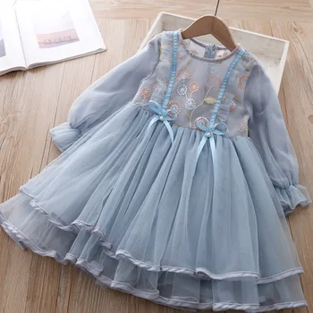 

Princess girls long-sleeved white gauze dress spring new embroidery dress brim gauze dress kids