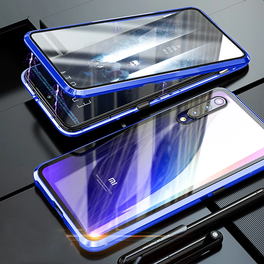 Роскошный магнитный металлический чехол для Xiaomi mi 9t 9 Se Cc9 Cc9e mi 9 Pro Red mi K20 Note 8 7 Pro переднее заднее двойное стекло 360 Полное покрытие - Цвет: Blue