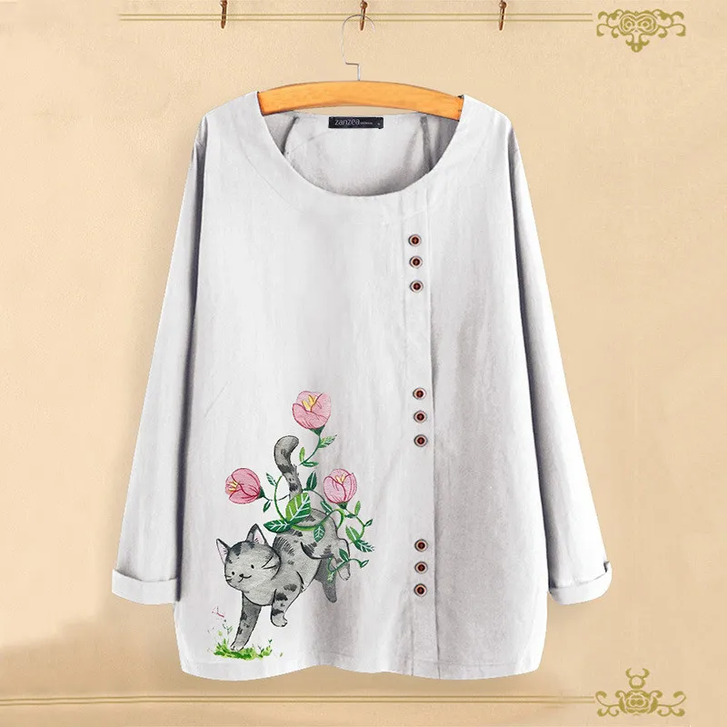  Women Blouse Ladies Plus Size Floral Long Sleeve O-neck Pullover Shirt Print Cat Tops shirt Harajuk