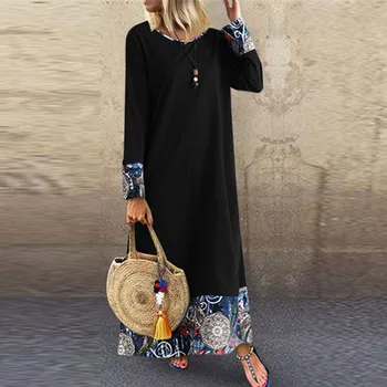 

High Quality Fashion Women Printing Loose big Code Cotton And Linen Long Sleeves Dress Elegant Party Dress Ropa Mujer#45