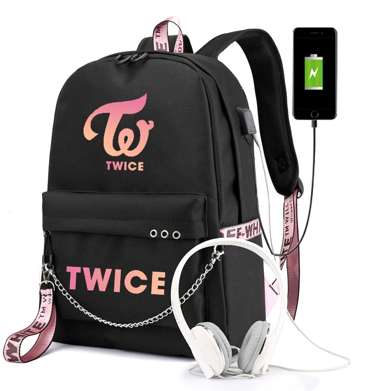 

Korea TWICE Backpacks for School Teenagers Girls Chain USB Charging Canvas School Teenagers Student Backpack Women Travel Bags