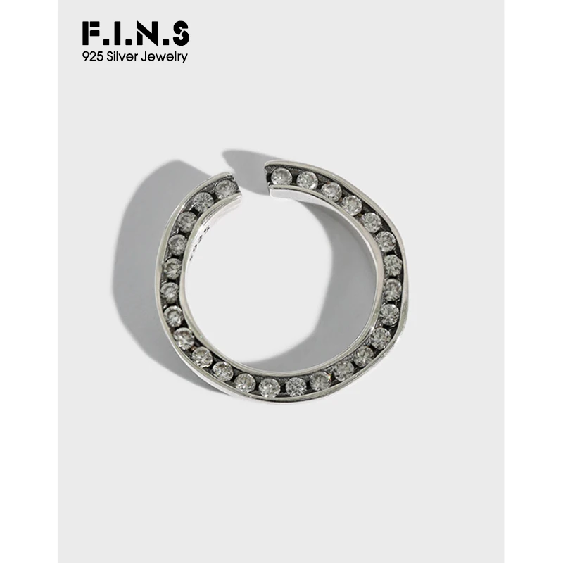 

F.I.N.S Korea Style INS Retro Zircon in Row Real 925 Sterling Silver Ring Stackable Open Silver Rings 925 Irregular Shape Ring