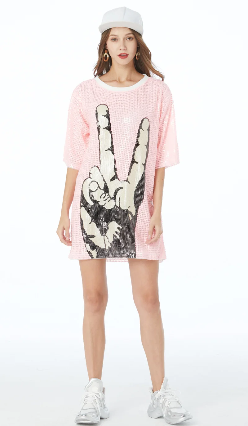 Hot-sale short sleeve pink hand design loose fit long sequin shirt for women