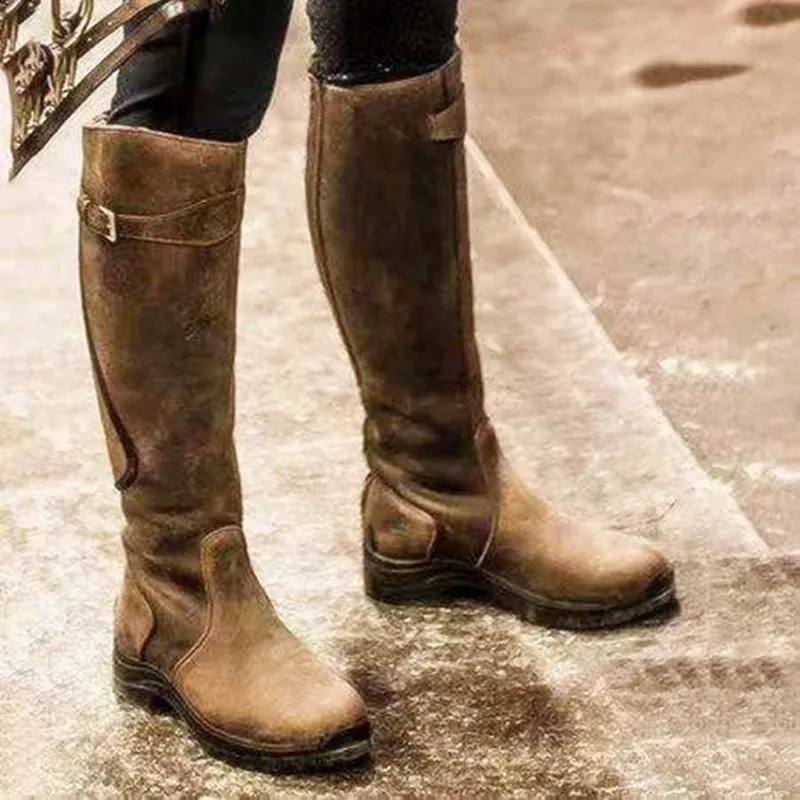 Женские сапоги до колена; chaussure; ботинки гладиаторские; Винтажная обувь из искусственной кожи на низком каблуке без застежки; женская обувь; zapatos mujer sapato; H520