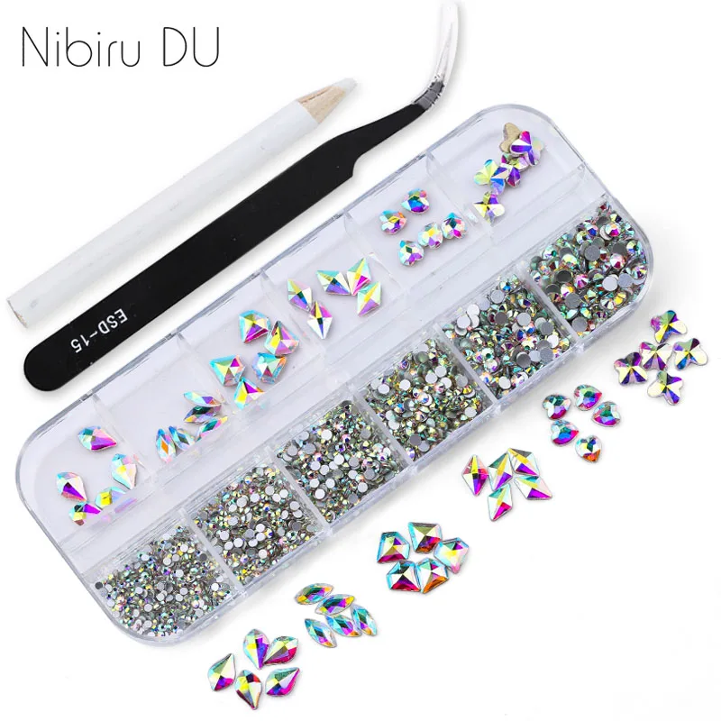 

1 Box/set Multi Size AB crystal Rhinestones Mixed Colors Flat-back 3D Designs Glass for DIY Nail Art Decorations