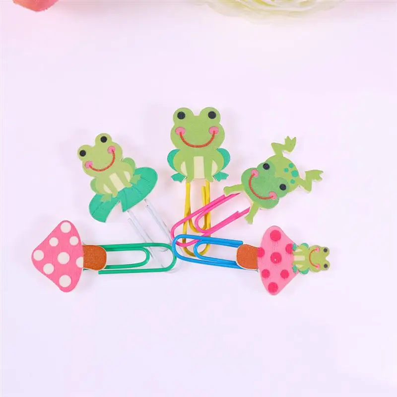 5Pcs Cute Wooden Lotus Leaf Frog Decor Paper Clips Colorful Stationery School Office Supplies | Канцтовары для офиса и дома