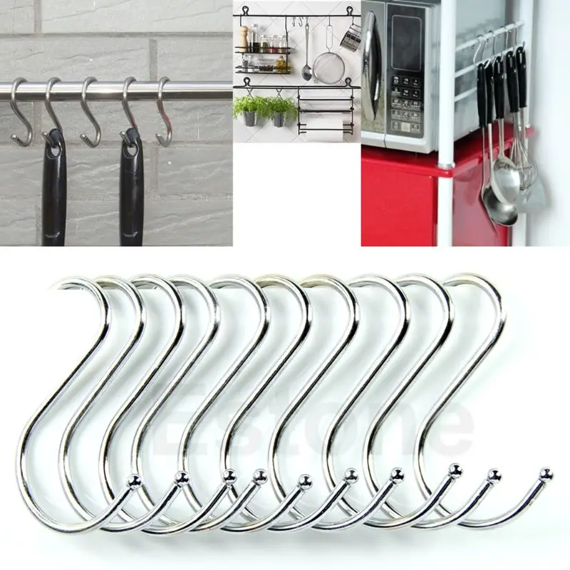 

Powerful Silver S Shape 10pcs Stainless Steel Kitchen Hanger Hooks Clasp Holder Y1QB
