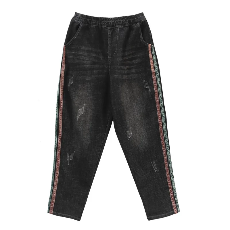 Max LuLu Fashion European Ladies Ripped Striped Jeans Womens Winter Warm Denim Trousers Oversized Black Elastic Harem Pants