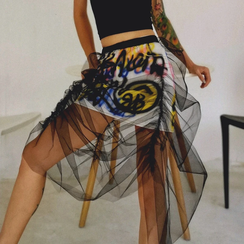 Женская сетчатая юбка TWOTWINSTYLE с высокой талией и принтом в виде букв рюшами