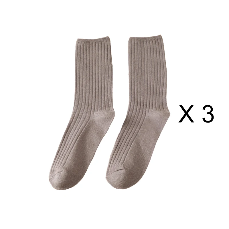 Elegant Retro Solid Color Long Cotton Socks for Women - 3 Pairs/Lot, Breathable Japanese Style Casual Wear