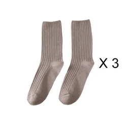 Elegant Retro Solid Color Long Cotton Socks for Women - 3 Pairs/Lot, Breathable Japanese Style Casual Wear (Gray)