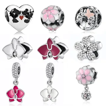 

Authentic S925 Dangle Charm fit Lady Bracelets Pink Bloom Flower Poetic Pendant Bead DIY Jewelry