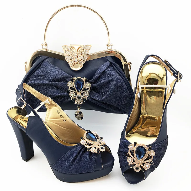

High grade D.blue women pumps match handbag set with crystal decoration african high heel dress shoes and bag QSL017,heel 11CM