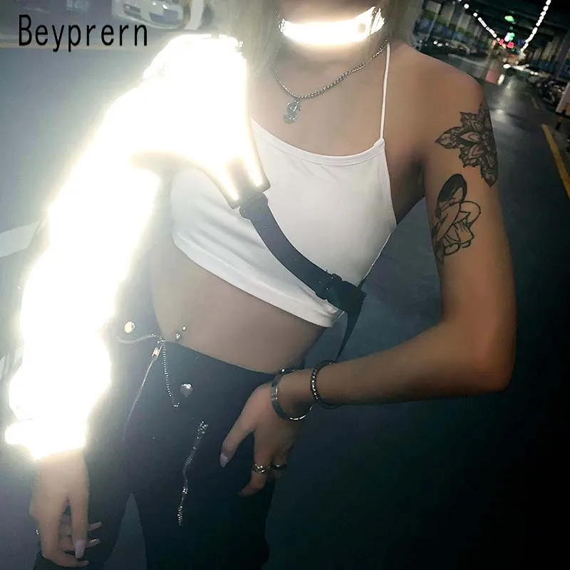 

Beyprern Punk Style Reflective Cropped Jacket Women Buckle Ribbon One Shoulder Long Sleeve Jacket Coat Bandage Top Wholesale