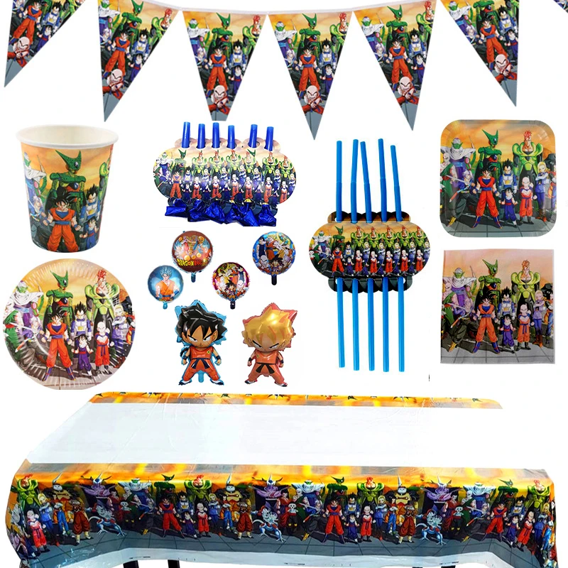 Vajilla de Fiesta Temática de Son Goku, plato y vaso de papel, servilletas, banderín, globos para Baby Shower, recuerdo de fiesta de cumpleaños para niños, suministros de decoración