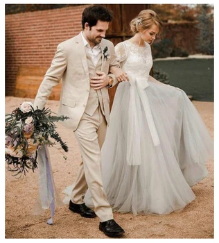 

Light Gray Lace Wedding Dress Short Sleeves A-line Romantic Vestido Novia Cheap Wedding Gowns vestidos de noiva