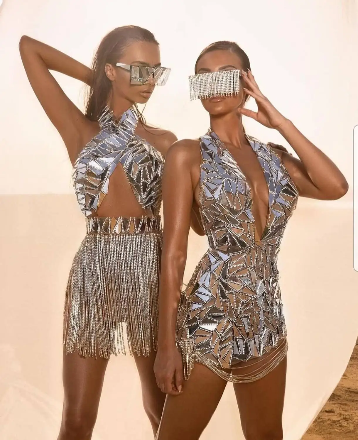 Sparkly Silver Mirrors Crystals Fringes Dress Transparent Costume Women Rhinestones Chains Outfit Prom Birthday Celebrate Outfit