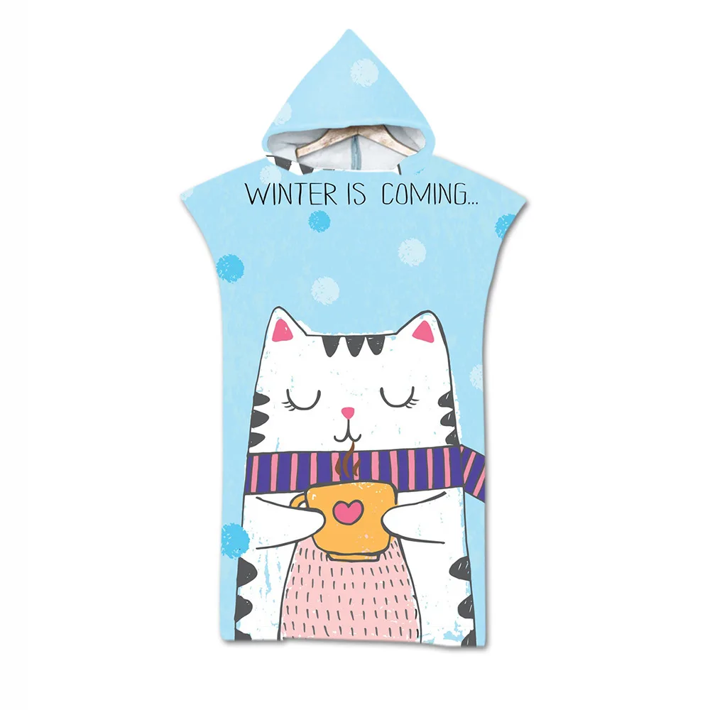 New Cat Pattern Microfiber Printed Changing Robe Poncho Beach Towel Bathrobe Cloaks Hooded Swimming Bath Towels