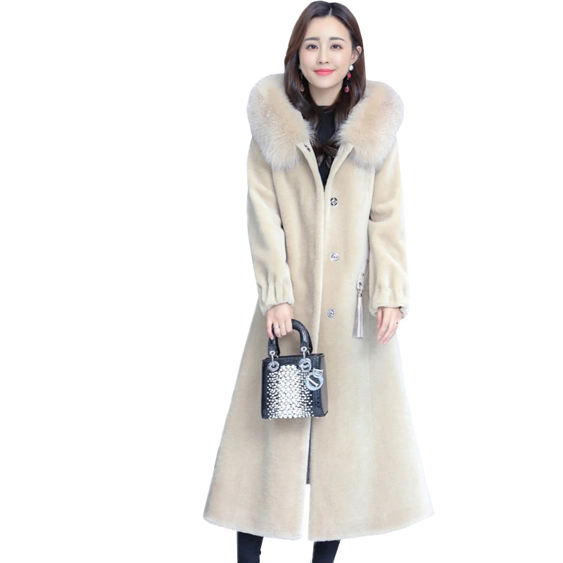

Winter Long Fur Coat Women Fox fur collar Hooded Sheep shearing Coat New High Quality Plus Size Warm Fur Jacket Women Overcoat