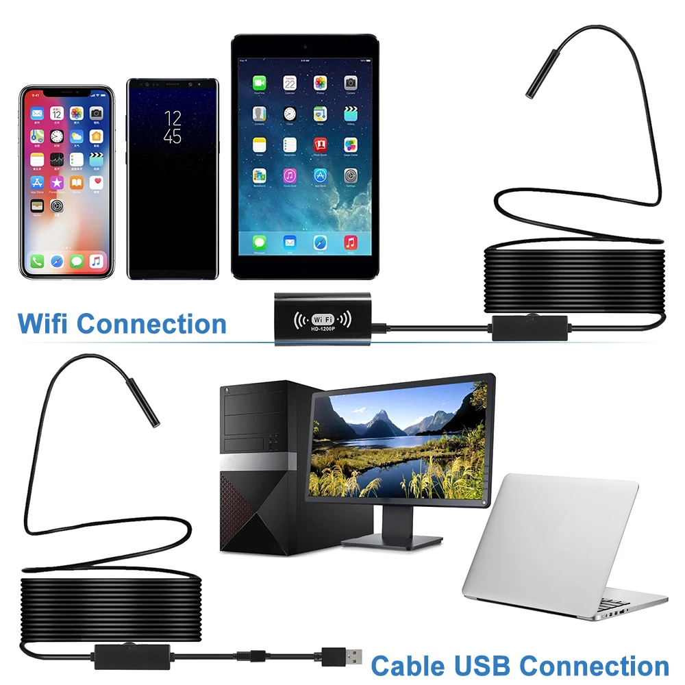 Водонепроницаемая камера эндоскоп 8 мм 5 м Бороскоп HD1200P USB IP68 Гибкая мини для Android