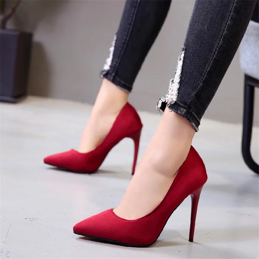 

Big Size 35-44 women's shoes 2020 concise flock high heels women pumps pointed toe classic red gray ladies wedding shoes office